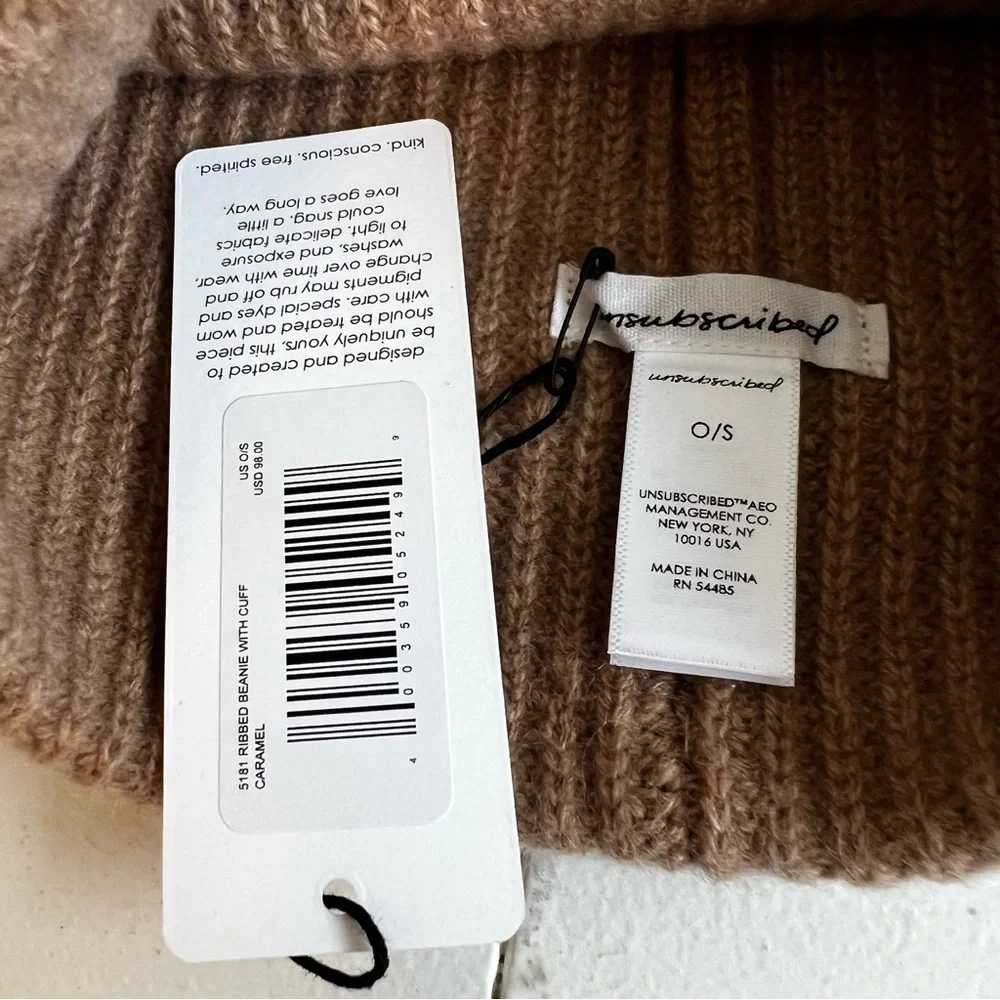 Unsubscribed Cashmere Ribbed Cuff Beanie Caramel Tan One Size NWT Winter Cozy